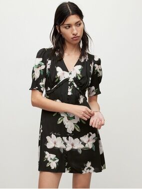 AllSaints Women Demi Alessandra Floral Mini Dress Black Magnolia V-Neck Size 12